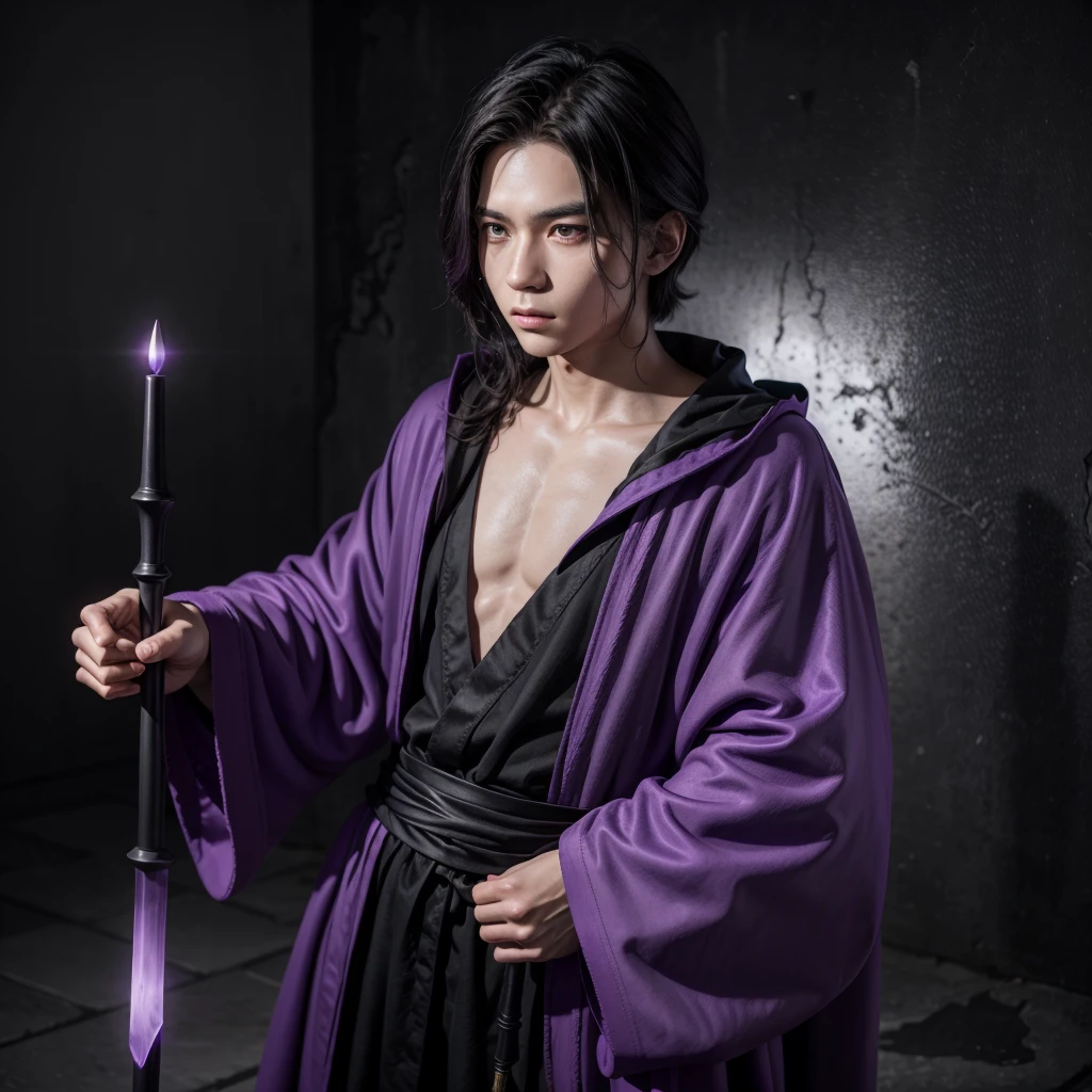 Young mage in a purple robe holding a black staff with a purple stone at the end