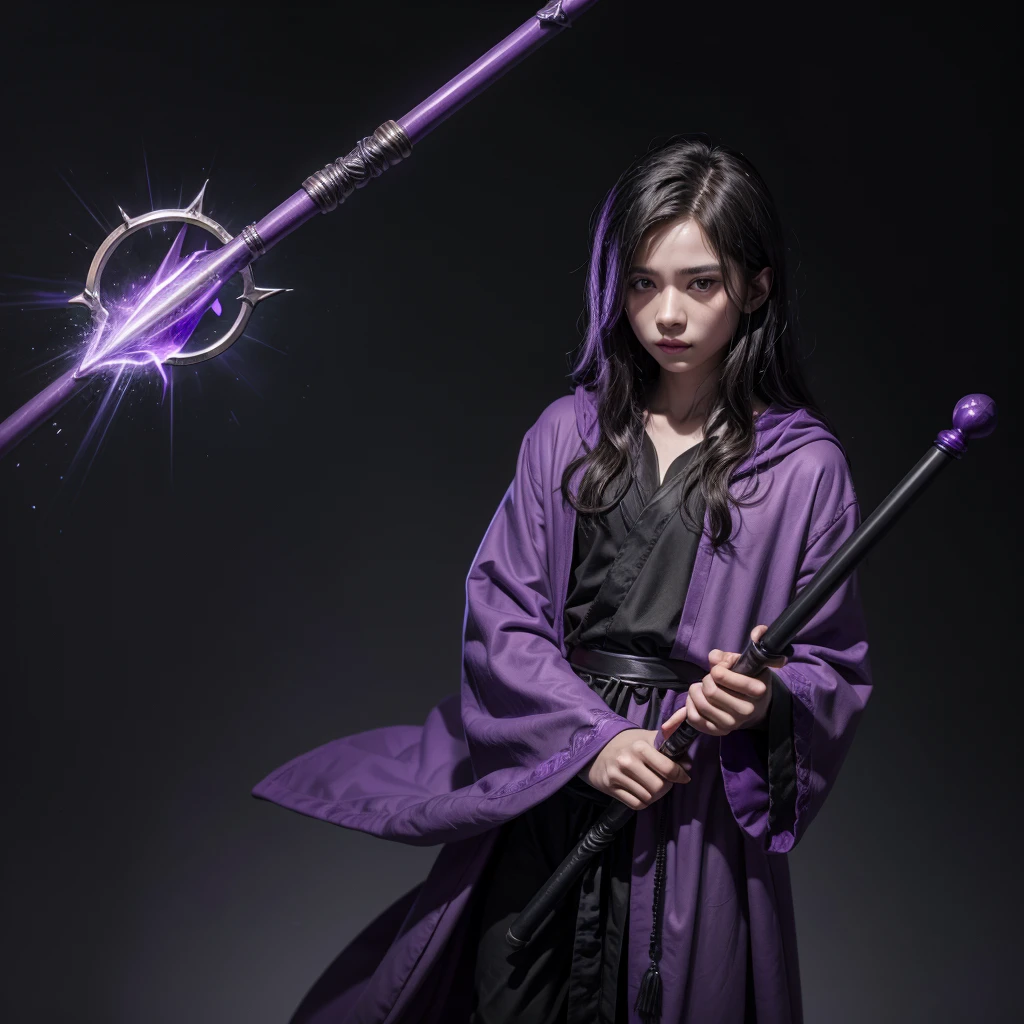 Young mage in a purple robe holding a black staff with a purple stone at the end