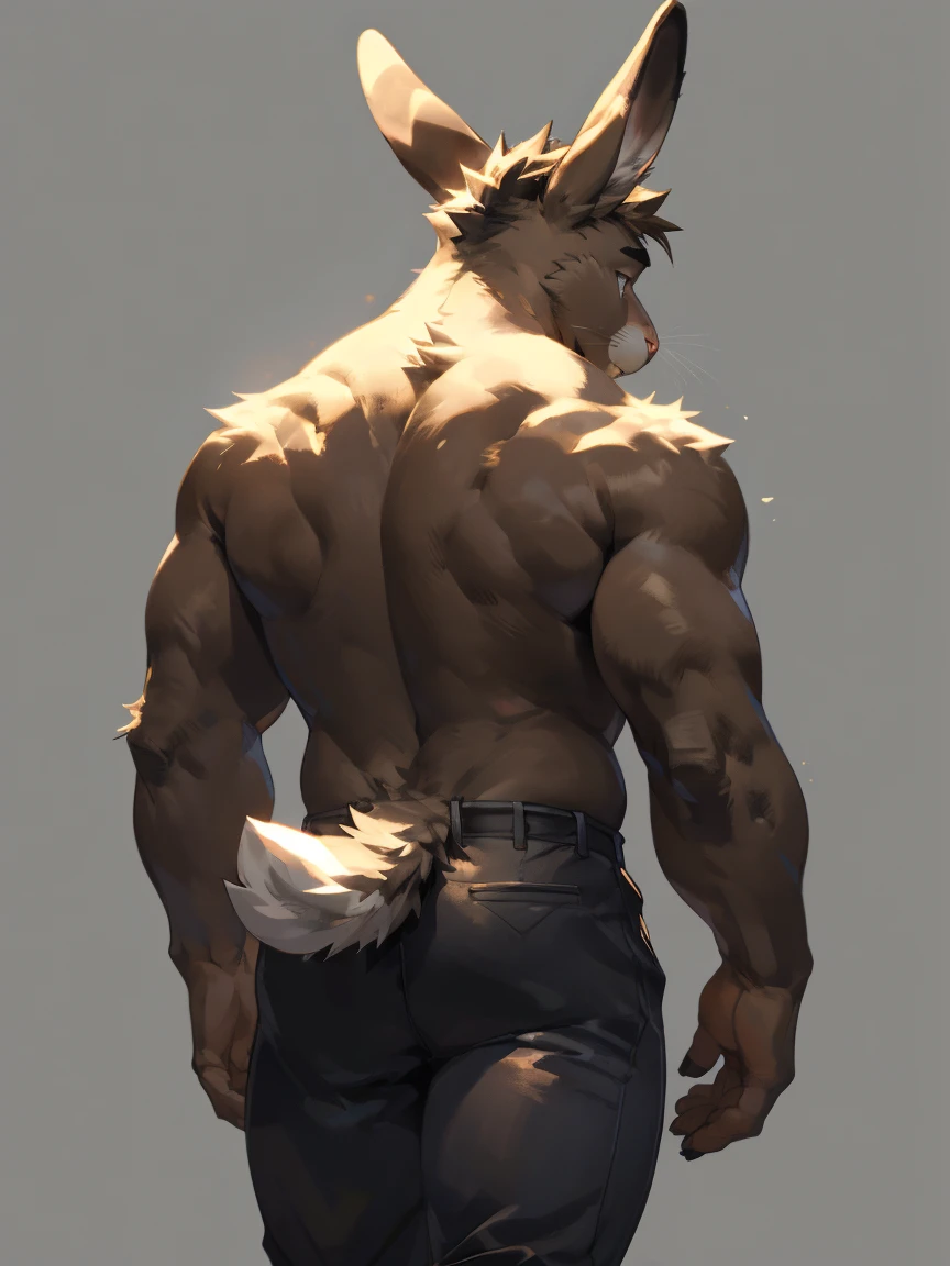 Solo, male, Light brown hare, in one color tone, with long ears, shirtless, from back, back view, from behind, in pants, black pants, black formal pants, tuxedo pants all black, posing, tail, short tail, hare tail, bunny tail ((focus body, furry focus, back focus, tail focus, pants focus)) without shirt, thin, slim body, walking (((gray background, gray wallpaper, one color))), by darkgem, by mystikfox61, by glitter trap boy
