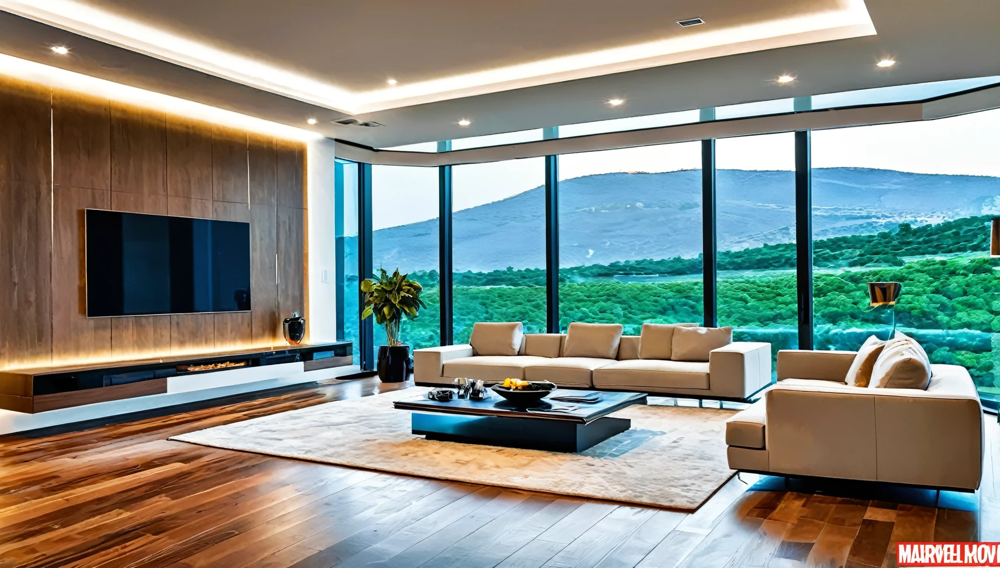 Create an image of the living room in the modern marvel house. The design should blend cutting-edge technology seamlessly with contemporary aesthetics. Highlight features like smart lighting, sleek furniture, and large windows with a view.