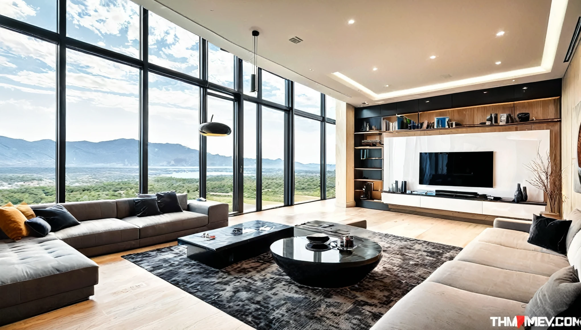 Create an image of the living room in the modern marvel house. The design should blend cutting-edge technology seamlessly with contemporary aesthetics. Highlight features like smart lighting, sleek furniture, and large windows with a view.