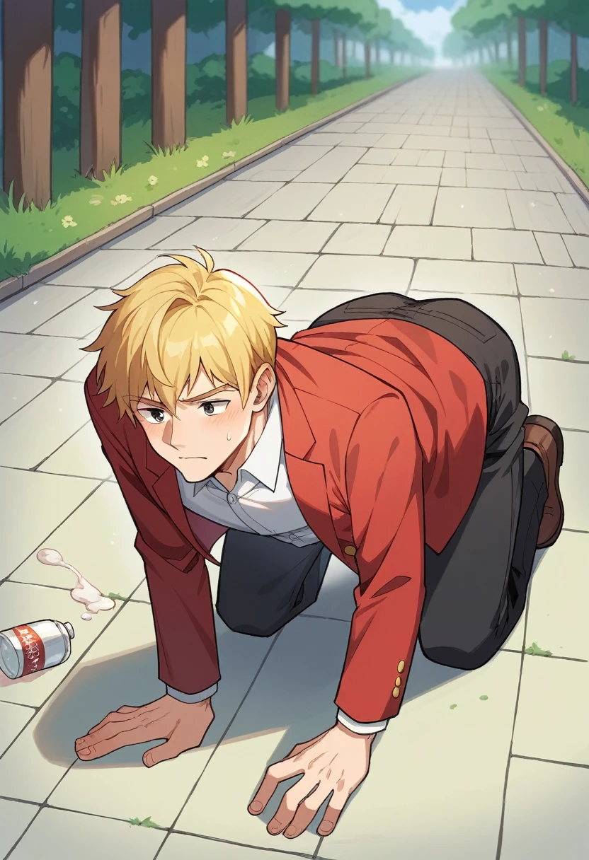 score_9, score_8_wonderful, score_7_wonderful, sauce_Anime BREAK 1 Boy, alone, Male Focus, Part 1: Leanne, blonde, , Red Blazer, Black trousers, Outdoor,，Get on all fours and place your hands on the floor,lower one&#39;s head