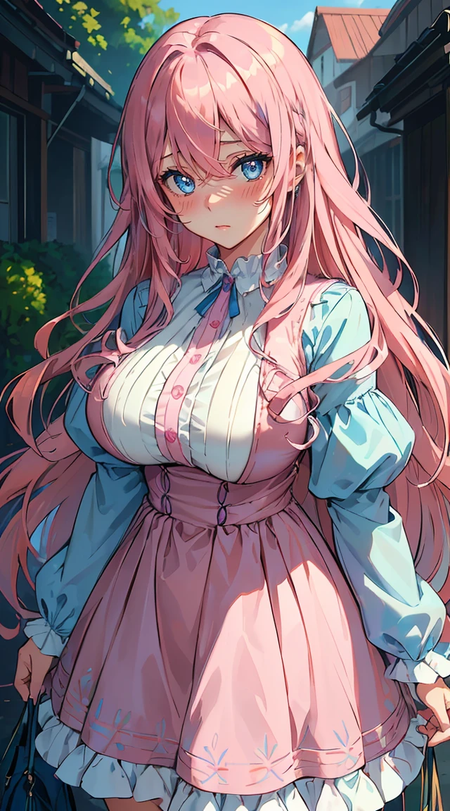 handsome girl,blue-eyes,blue pupils,Long pink hair,Hyperresolution,accuracy,Detailed rendering,(Subtle facial image)(Image of fine hair)(topquality)(Masterpieces of masters)(High degree of completeness)(A sense of atmosphere)tmasterpiece,Super detailed and super detailed(half-body portrait), long wavy pink hair, (((tHICK WAVY HAIR)))(((ANKLE LENGTH HAIR)))(((Blushing)))(((Huge breasts)))(((LARGER BREASTS))) large breasts, bigger breasts (((Bigger breasts))) (((Blushing))) (((Sakimichan))) (((Pink hair))) (((cute outfit)))(((Casual full outfit)))(((Dressed up))) (((Covered up))) (((Casual dress)))