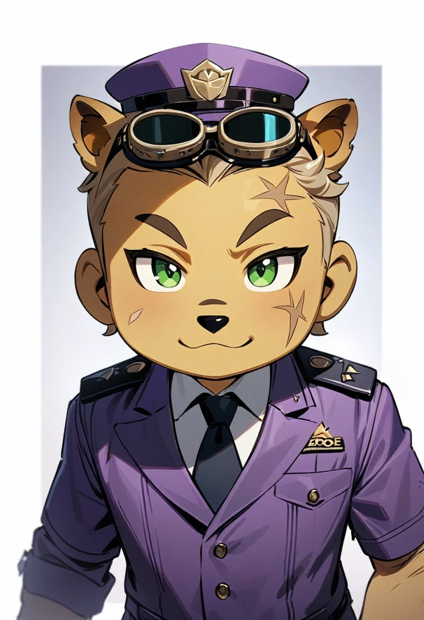 best quality, masterpiece, male, genshin impact bennette, fnaf security guard, purple suit, goggles on forehead, scar on right cheek,