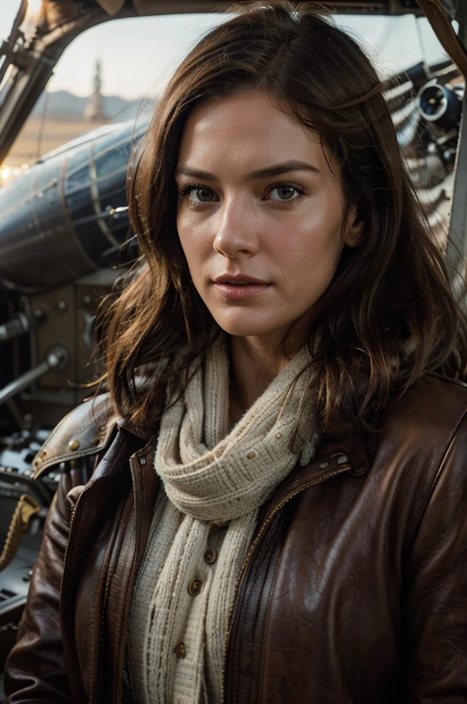 a detailed portrait of Elizabeth Henstridge as Amelia Earhart, beautiful detailed eyes, beautiful detailed lips, extremely detailed eyes and face, long eyelashes, aviator goggles, brown leather jacket, white scarf, windblown hair, cockpit of a vintage aircraft, golden hour lighting, cinematic, dramatic lighting, highly detailed, photorealistic, 8k, hyperrealistic, masterpiece