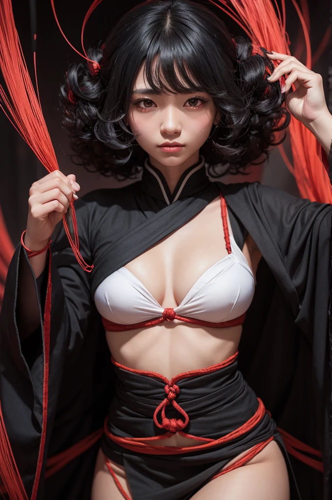 A Jujutsu sorceress, black, shorth hair, curly. Using thin red threads, innate technique threads of fate