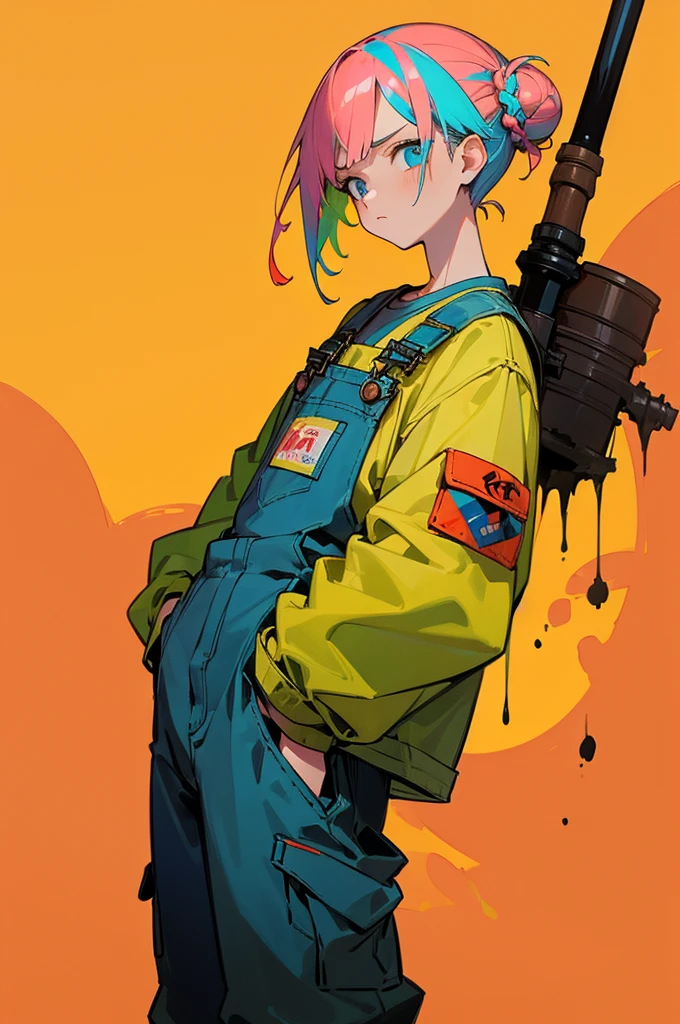 (work of art, better quality:1.2), 1 man, alone, Wear dirty overalls., With brush and palette in hand. short hair, Colorful and dreamy hair. young man, colorful splash background, hair in a bun, serious face, arms in pockets
