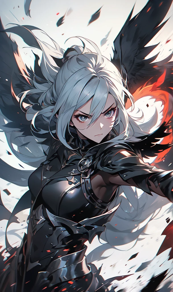 1girl, solo, anime, anime girl, black wings, white hair, black wings, black wings, black wings, black wings, black wings, black wings, black wings, from arknights, middle shot of a female anime hero, artgerm and atey ghailan, arknights, in combat, dynamic, dynamic pose, dynamic composition, attack, fate grand order, anime style like fate/stay night, senti, black eyes, white hair, poinytail, mature, (anger, tsurime:1.33), cursed armor, high tech armor, black armor, stealthtech ,scifi ,cutting edge , sleek angular, flames, destruction, world on fire, apocalyptic mass destruction