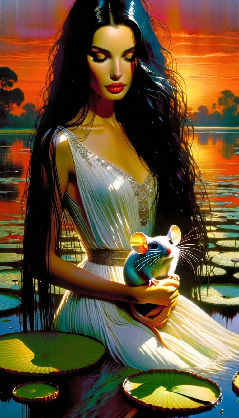a beautiful woman with long black hair, a pet mouse, standing in a swamp with water lilies, wearing a wet white dress, smelling the flowers of a tree, sunset landscape, (best quality,4k,8k,highres,masterpiece:1.2),ultra-detailed,(realistic,photorealistic,photo-realistic:1.37),extremely detailed face and eyes,high quality portrait,realistic portrait,dramatic lighting,moody atmosphere,cinematic,intricate details,lush foliage,reflective water,warm color palette,glowing sunset (art inspired in Bill Sienkiewicz).
