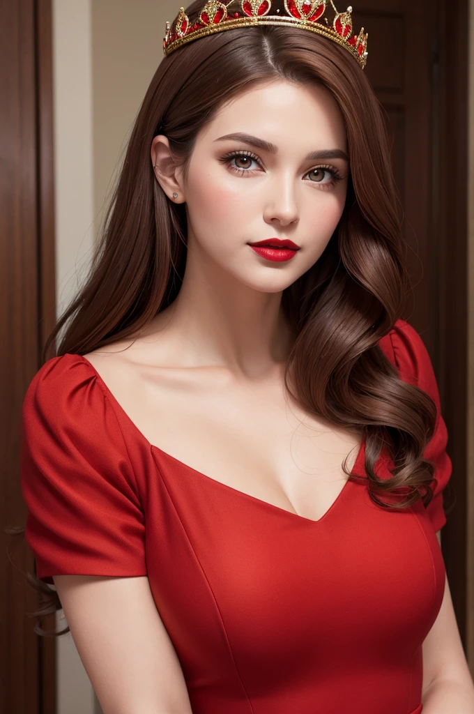 A Caucasian woman with brown hair wearing a crown and a red dress and red lipstick