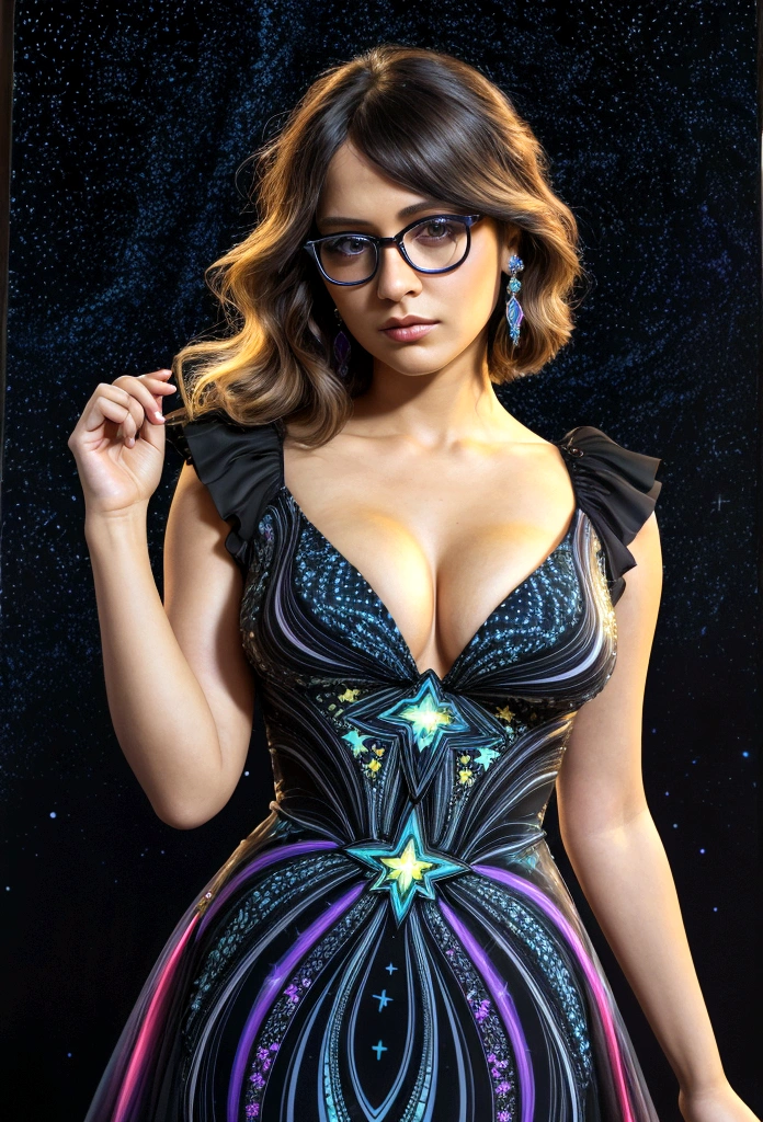 Photograph of a well dressed female aroused hyperrealist by David Hockney and Alphonse Mucha, photorealistic, dynamic lighting, art station, poster, volumetric lighting, highly detailed face, 4k, award-winning, 1 woman, darkness, deep shadows, low key, portrait, bob hair, yellow and Purple mixed hair, glasses, Big breasts, looking straight at the viewer, (Neon fractal pattern against black starry background:1.2), Beautiful Evening Dress, neon lights,