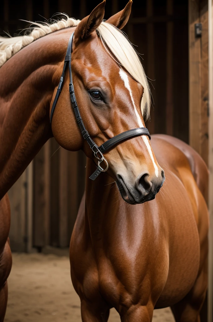A brown horse with a white mane