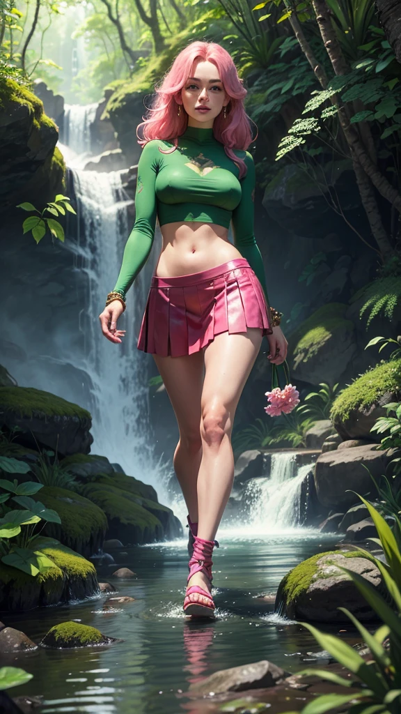 A woman with a pink petal crop top and short skirt, And pink petal bracelets on her wrists and ankles, She has green chlorophyll veins accross her skin, Alraune, Poison Ivy, Fantasy Plant species. (Walking towards viewer from a waterfall in a lush forest.)