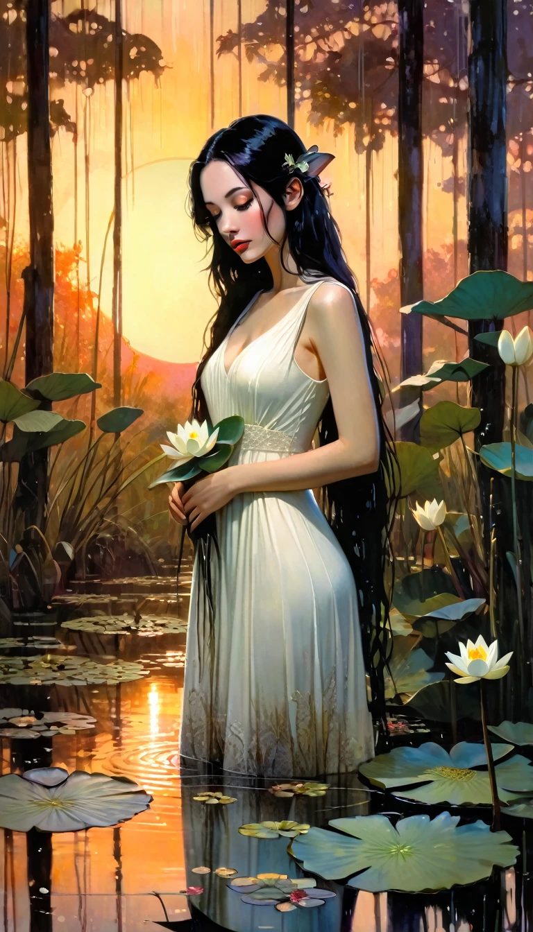 a beautiful woman with long black hair, a pet mouse, standing in a swamp with water lilies, wearing a wet white dress, smelling the flowers of a tree, sunset landscape, (best quality,4k,8k,highres,masterpiece:1.2),ultra-detailed,(realistic,photorealistic,photo-realistic:1.37),extremely detailed face and eyes,high quality portrait,realistic portrait,dramatic lighting,moody atmosphere,cinematic,intricate details,lush foliage,reflective water,warm color palette,glowing sunset (art inspired in Bill Sienkiewicz).