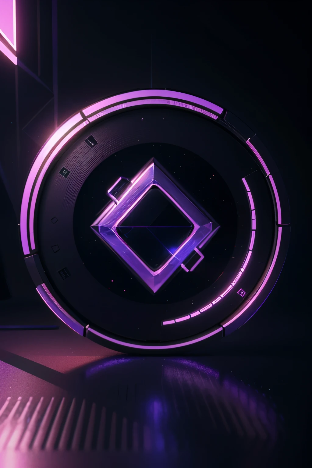 A detailed, futuristic logo design for a fictional cryptocurrency, 3D render, ultra-detailed, 8k, glossy, metallic, glowing holographic effect, neon colors, blue and purple, cinematic lighting, elegant, minimalist, abstract geometric shapes, dynamic composition, seamless loop animation