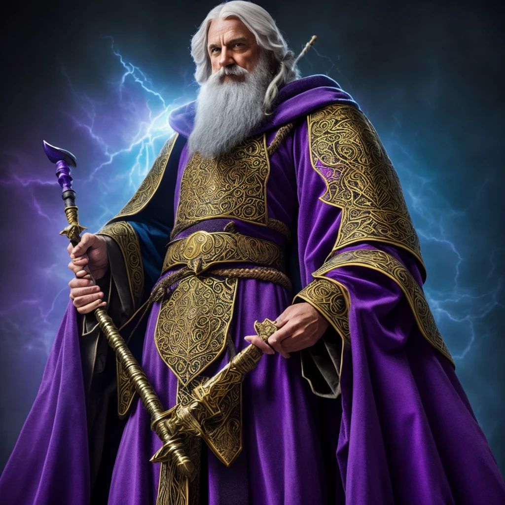 Wizard with purple robe and golden details, holding a black staff with a blue stone at the end