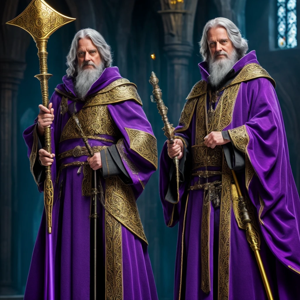 Wizard with purple robe and golden details, holding a black staff with a blue stone at the end