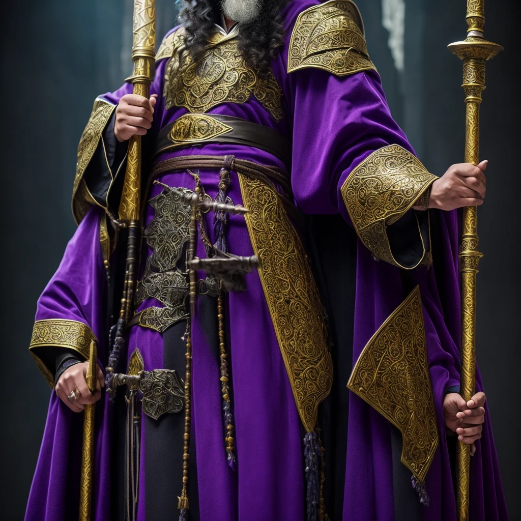 Wizard with purple robe and golden details, holding a black staff with a blue stone at the end