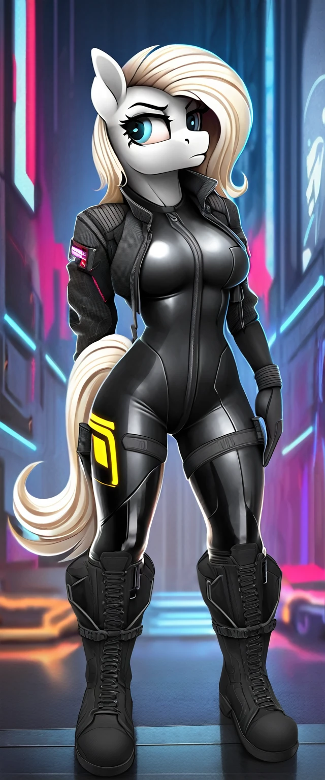 a ((full body)) cartoon picture of an anthropomorphic (((pony:0.9))), cyberpunk style, (((shiny latex cyberpunk full bodysuit:1.0))), (((techwear jacket on top:0.9))), (((calf-high boots))), generic MLP style, professional drawing, female anthro pony, medium breasts, frowning, (((semi realistic cream white fur))), (((detailed eyes:1.0))), bold colored cyberpunk mane and tail.