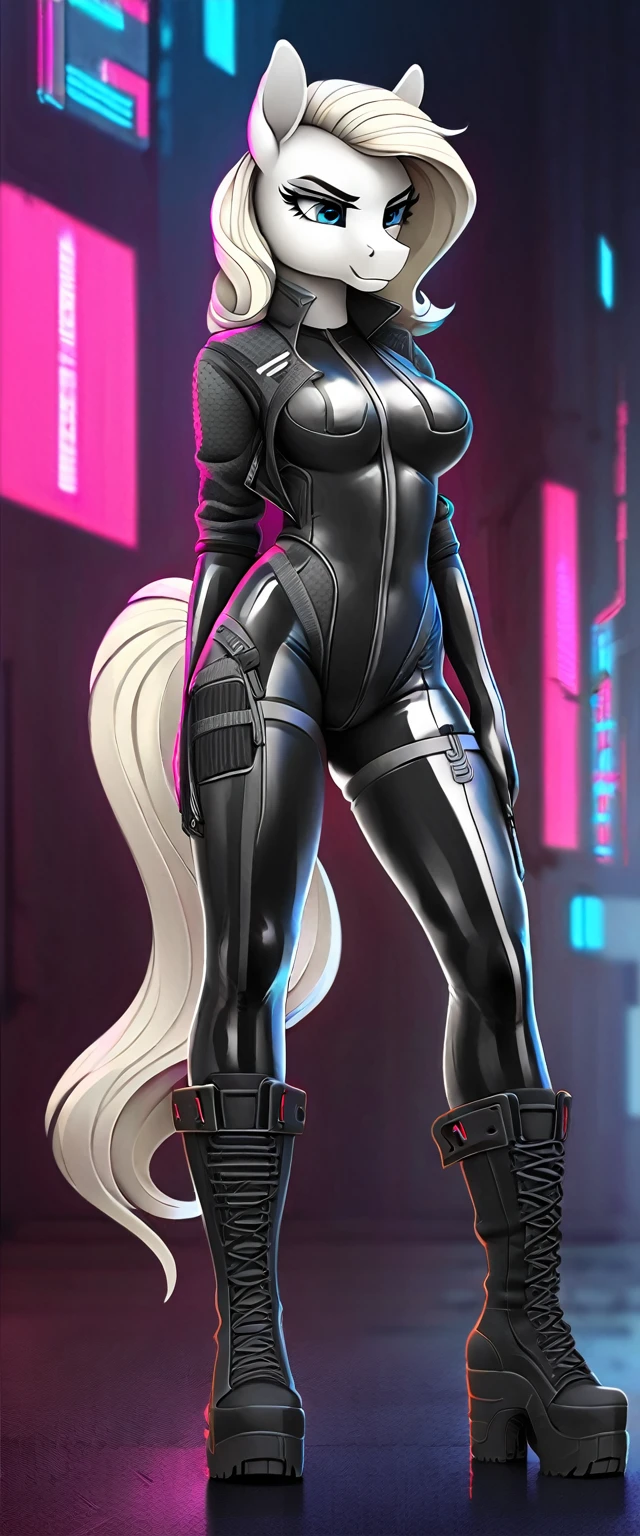 a ((full body)) cartoon picture of an anthropomorphic (((pony:0.9))), cyberpunk style, (((shiny latex cyberpunk full bodysuit:1.0))), (((techwear jacket on top:0.9))), (((calf-high boots))), generic MLP style, professional drawing, female anthro pony, medium , frowning, (((semi realistic cream white fur))), (((detailed eyes:1.0))), bold colored cyberpunk mane and tail.
