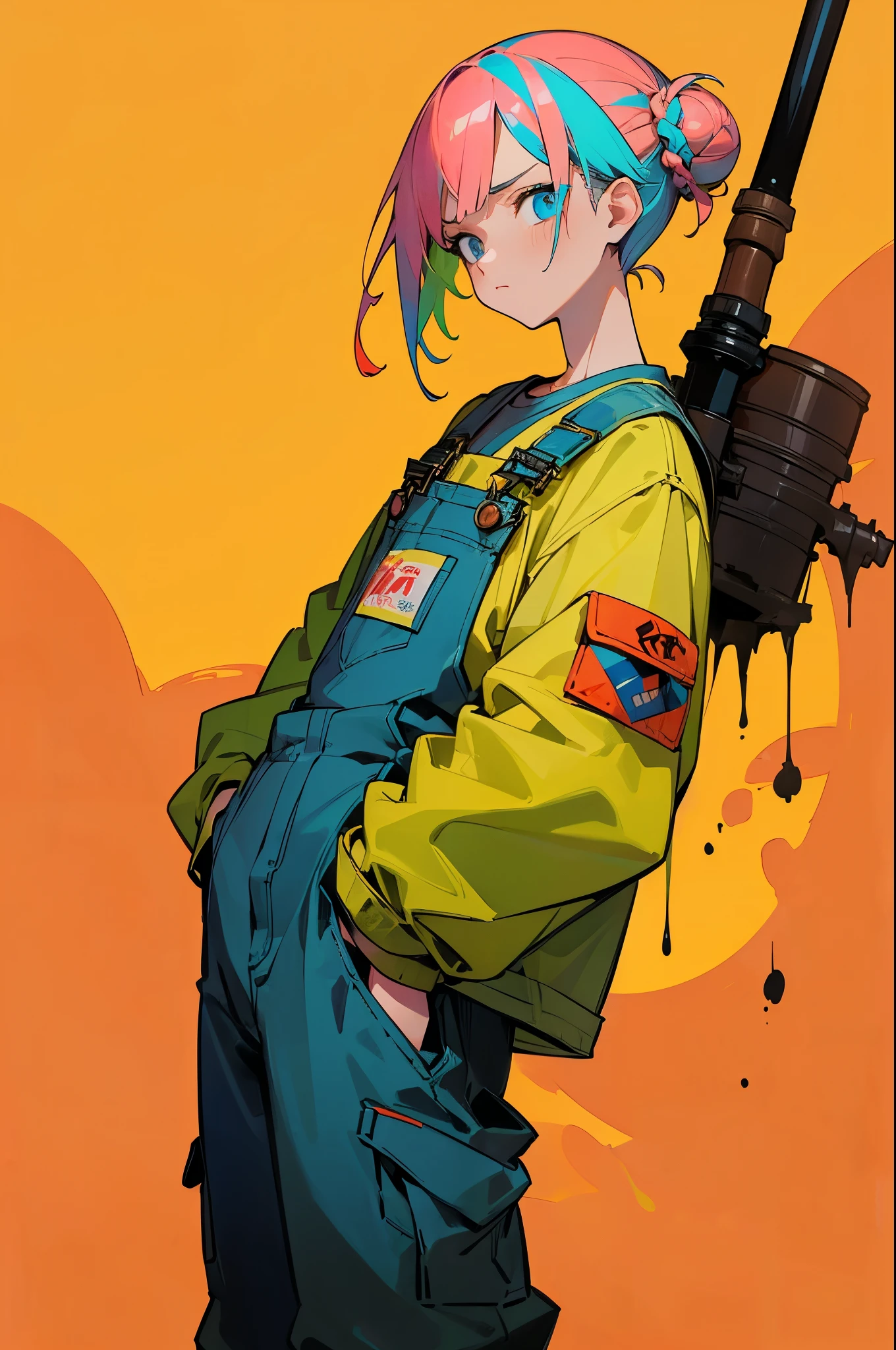 (work of art, better quality:1.2), 1 man, alone, Wear dirty overalls., With brush and palette in hand. short hair, Colorful and dreamy hair. young man, colorful splash background, hair in a bun, serious face, arms in pockets