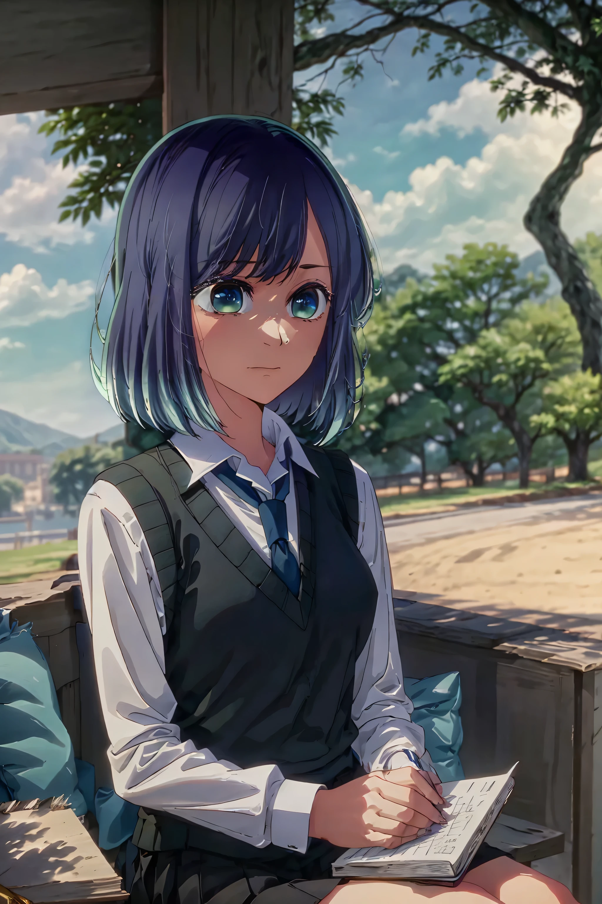 best quality, masterpiece, 1 girl, alone, detailed eyes, surprised expression, raising eyebrows, tie, shirt, blue tie, blue hair, white shirt, long sleeves, looking at viewer, medium hair, collared shirt, vest , indoors, bangs, vest, closed mouth, smile, green eyes, multicolored hair, black vest, short hair, faded hair, blue eyes, skirt, night, flower park background, sitting on a bench, leaning on the back of The bench,