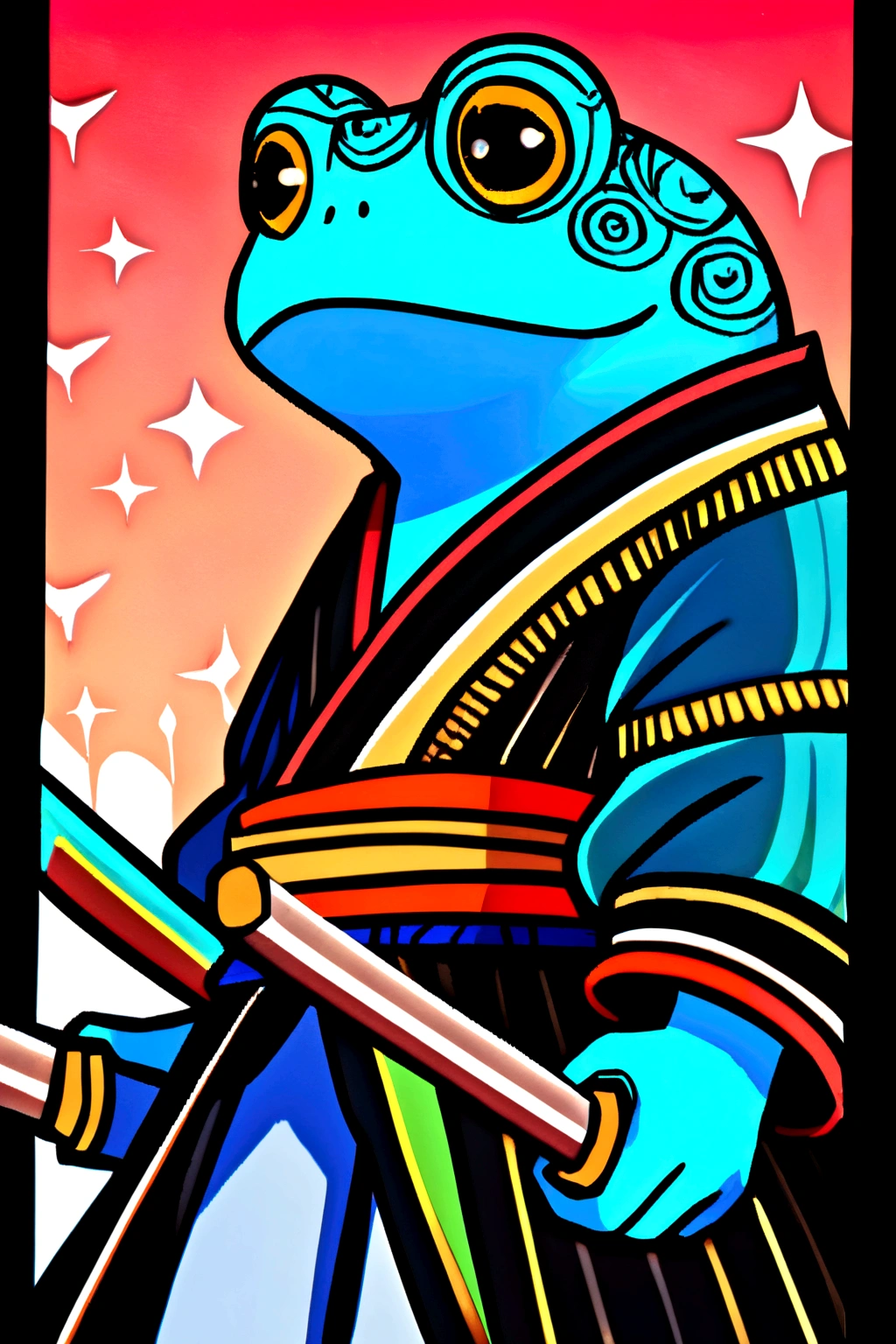 Small samurai frog with two katanas with blue skin.