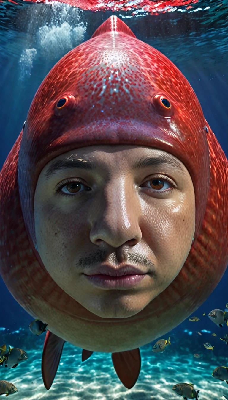 The best quality of the red dugong with a human face under the water，4K，8K，High level，masterpiece：1.2），Ultra Detailed，（lifelike，Photo real，Photo real：1.37），Highly detailed animals，Complex patterns，Realistic lighting，Fantasy Creatures