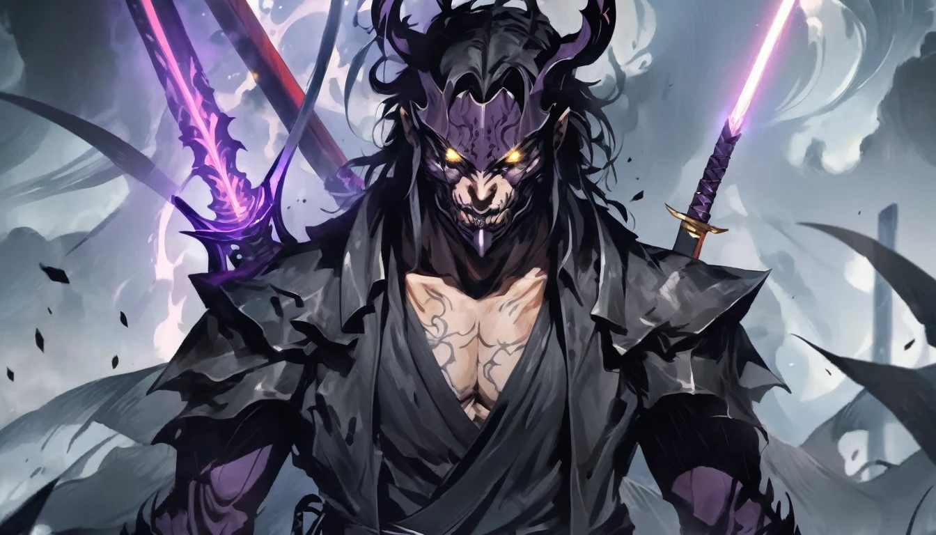 demon mask, sword on the hand,close up, black heavy detailed clothes, hand katana, art, dark and malevolent, hand sword, armor, powerful and intimidating, (masterpiece, best quality, ultra-detailed, best shadow), (detailed background, dark fantasy) dramatic light, intricate details, dark and malevolent, powerful and intimidating, Dark and foreboding, malevolent force, sinister and chilling, armor, high detailed background, girl in demon slayer art, demon slayer art style, epic anime art, God death