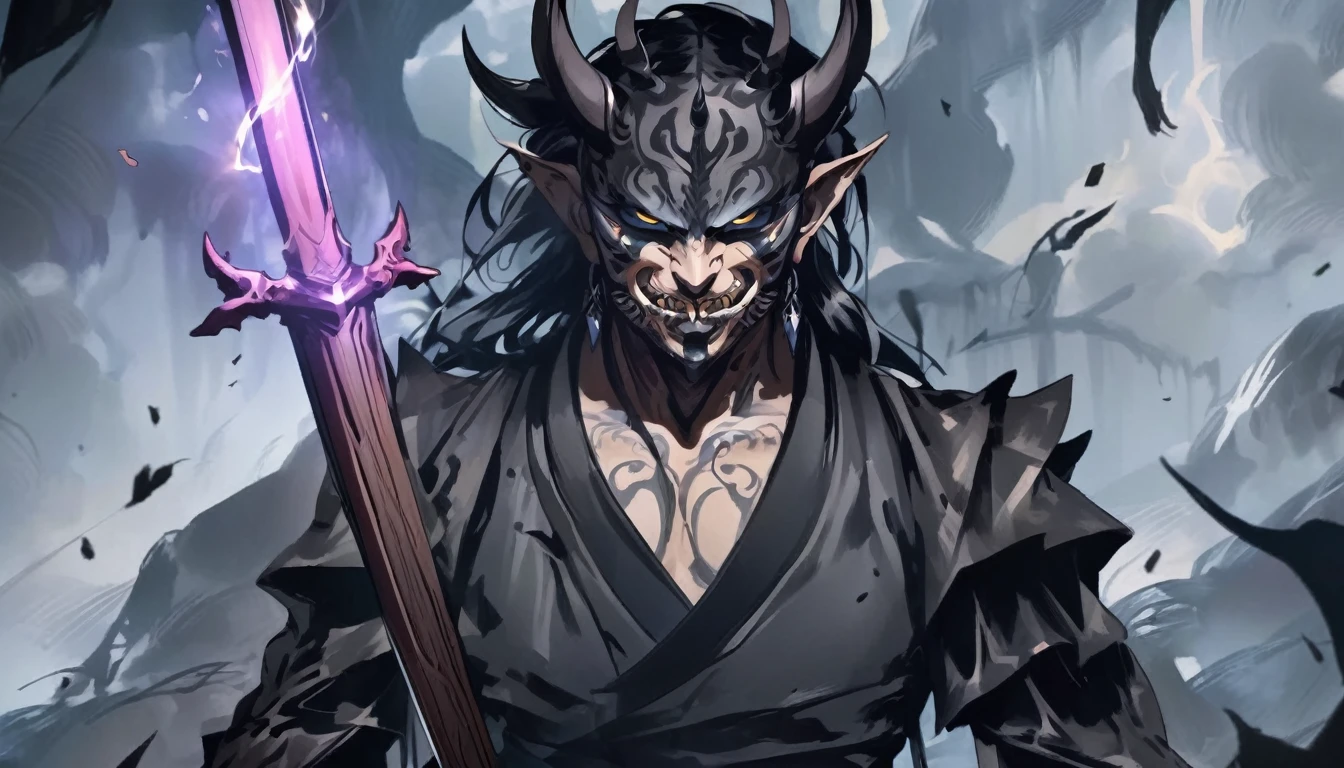 demon mask, sword on the hand,close up, black heavy detailed clothes, hand katana, art, dark and malevolent, hand sword, armor, powerful and intimidating, (masterpiece, best quality, ultra-detailed, best shadow), (detailed background, dark fantasy) dramatic light, intricate details, dark and malevolent, powerful and intimidating, Dark and foreboding, malevolent force, sinister and chilling, armor, high detailed background, girl in demon slayer art, demon slayer art style, epic anime art, God death