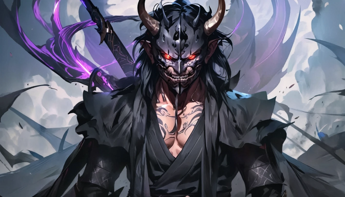demon mask, sword on the hand,close up, black heavy detailed clothes, hand katana, art, dark and malevolent, hand sword, armor, powerful and intimidating, (masterpiece, best quality, ultra-detailed, best shadow), (detailed background, dark fantasy) dramatic light, intricate details, dark and malevolent, powerful and intimidating, Dark and foreboding, malevolent force, sinister and chilling, armor, high detailed background, girl in demon slayer art, demon slayer art style, epic anime art, God death