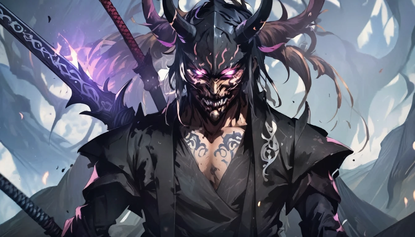 demon mask, sword on the hand,close up, black heavy detailed clothes, hand katana, art, dark and malevolent, hand sword, armor, powerful and intimidating, (masterpiece, best quality, ultra-detailed, best shadow), (detailed background, dark fantasy) dramatic light, intricate details, dark and malevolent, powerful and intimidating, Dark and foreboding, malevolent force, sinister and chilling, armor, high detailed background, girl in demon slayer art, demon slayer art style, epic anime art, God death