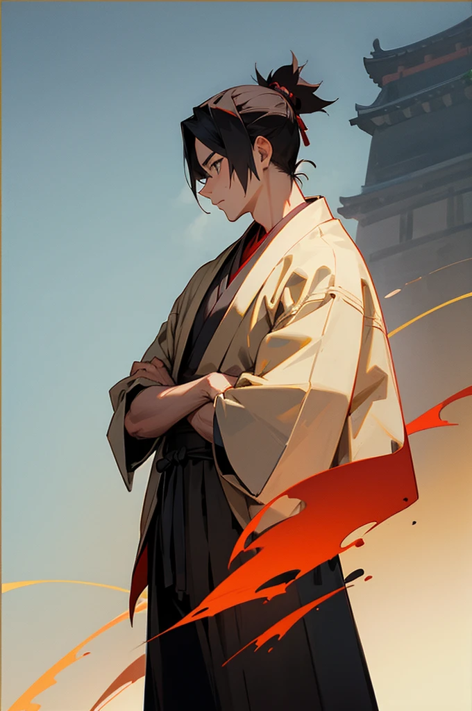 Adult, male, samurai Clothing, Standing pose, Town background,