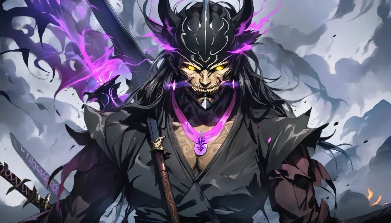 demon mask, sword on the hand,close up, black heavy detailed clothes, hand katana, art, dark and malevolent, hand sword, armor, powerful and intimidating, (masterpiece, best quality, ultra-detailed, best shadow), (detailed background, dark fantasy) dramatic light, intricate details, dark and malevolent, powerful and intimidating, Dark and foreboding, malevolent force, sinister and chilling, armor, high detailed background, girl in demon slayer art, demon slayer art style, epic anime art, God death