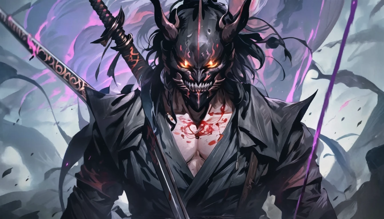 demon mask, sword on the hand,close up, black heavy detailed clothes, hand katana, art, dark and malevolent, hand sword, armor, powerful and intimidating, (masterpiece, best quality, ultra-detailed, best shadow), (detailed background, dark fantasy) dramatic light, intricate details, dark and malevolent, powerful and intimidating, Dark and foreboding, malevolent force, sinister and chilling, armor, high detailed background, girl in demon slayer art, demon slayer art style, epic anime art, God death
