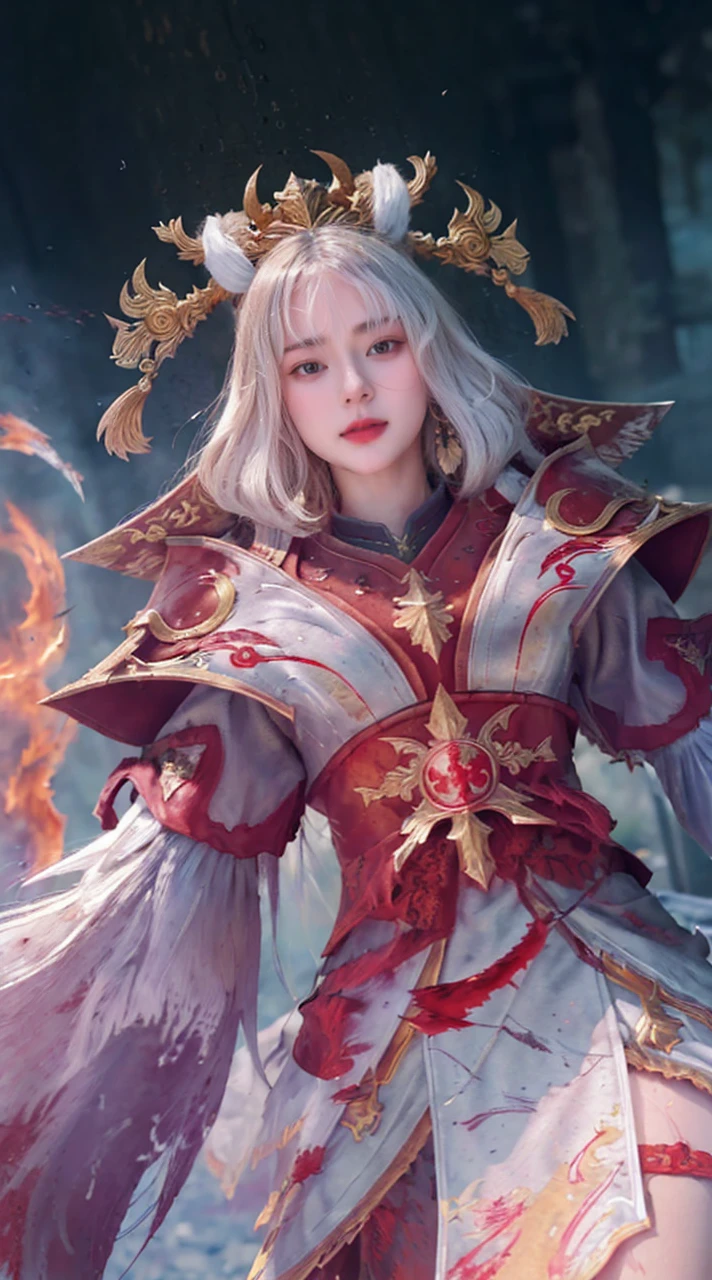 (((Realistic, masterpiece, best quality, crisp detail, high definition, high detail))), girl wearing golden armor, japan style heavy armor, full body armor, long straight hair, dirty, sweating, bloodstained face, bloodstained armor, bloodscattered, bloodbath, carnage, long bloodstained sword, in epic war, fire and smoke everywhere, death anywhere
