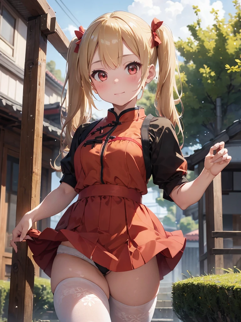 8k, Delicate image quality, best quality, (((blond twintails))), Red qipao, panty hose,  Beautiful girl, masterpiece, best quality, ultra detailed, Photo taken from below, outdoors, storm, lightning, leg spread,