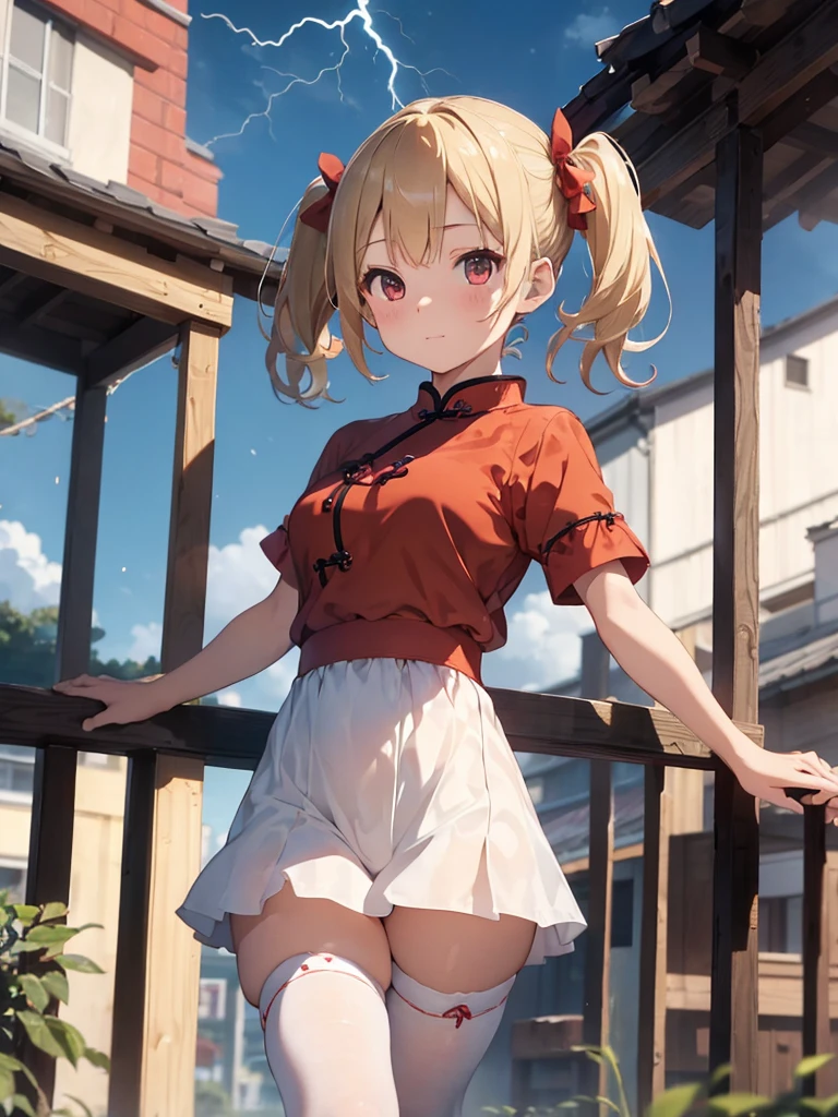 8k, Delicate image quality, best quality, (((blond twintails))), Red qipao, panty hose, 16 year old Beautiful girl, masterpiece, best quality, ultra detailed, Photo taken from below, outdoors, storm, lightning, leg spread,