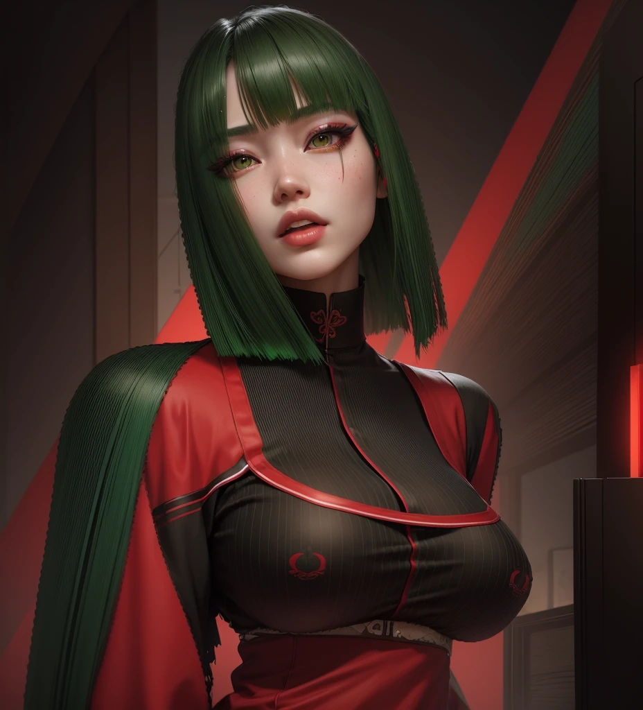 AVATAR SECOND LIFE Korean girl, red blouse, Asian, hair green, hair green, hair green, korean girl perfect and detailed face, imvu, maximalist details, AVATAR SECOND LIFE Korean blusa , neon,