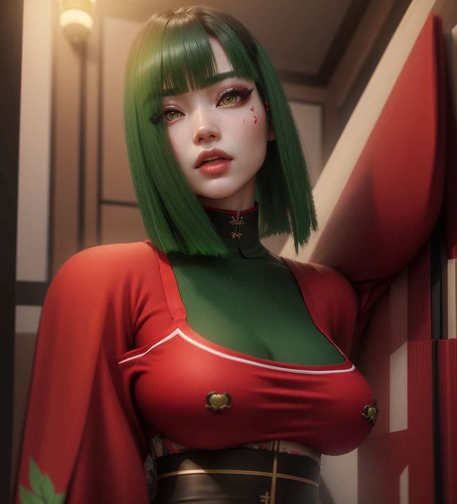 AVATAR SECOND LIFE Korean girl, red blouse, Asian, hair green, hair green, hair green, korean girl perfect and detailed face, imvu, maximalist details, AVATAR SECOND LIFE Korean blusa , neon,