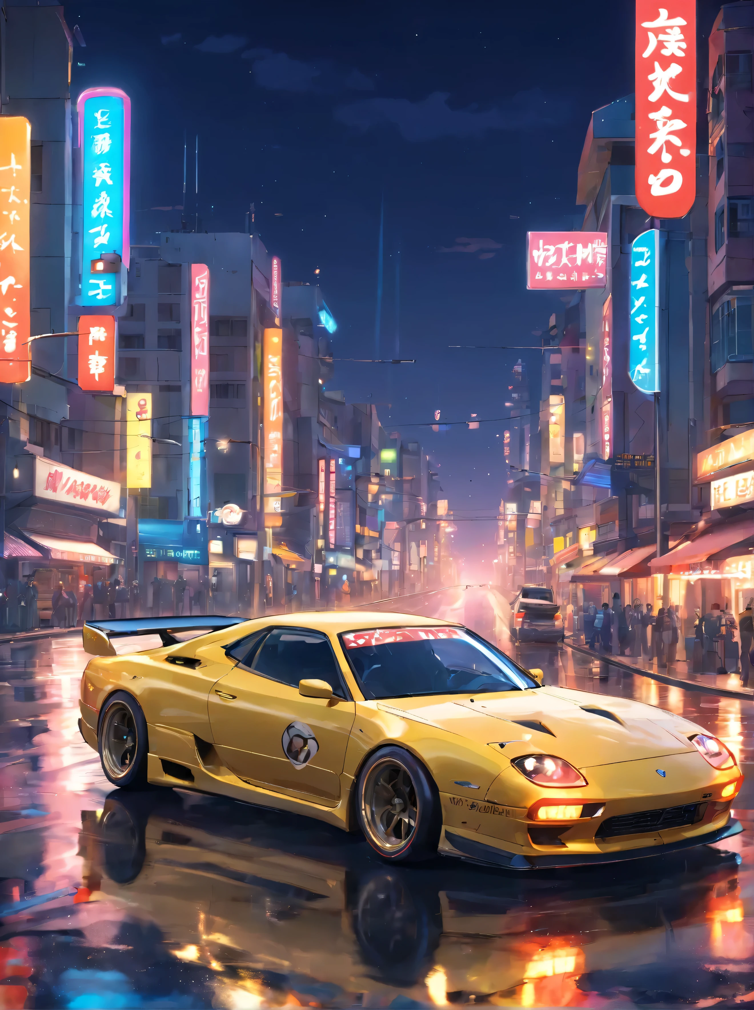 (STANCE), masterpiece,best quality,official art,extremely detailed CG unity 8k wallpaper,illustration, light,car, bright, sports car, vehicle focus, road, ((need for speed)),((NFS)), moving, wet, (((night, midnight))),neon lights,drift, (MARKII)