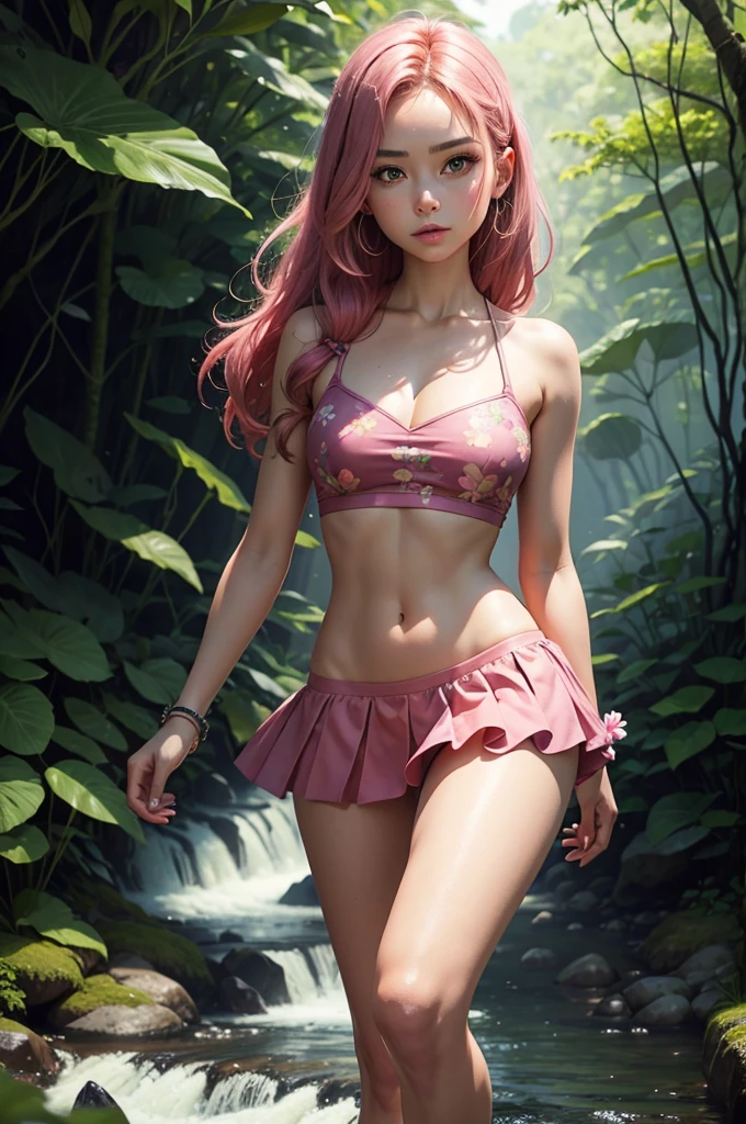 A woman with a pink petal crop top and short skirt, And pink petal bracelets on her wrists and ankles, She has green chlorophyll veins accross her skin, Alraune, Poison Ivy, Fantasy Plant species. (Walking towards viewer from a waterfall in a lush forest.)