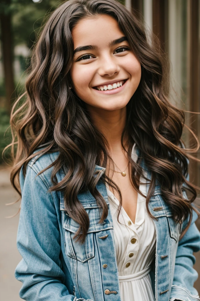 girl with wavy hair smiling in dress and jacket