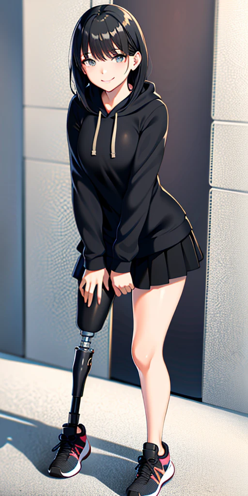 best quality, 1girl, solo, standing, outdoors, medium hair, black hair, straight hair, looking at viewer, medium breasts,  (prosthetic leg:1.2), full body, smiling, (skirt:1.2), two prosthetic legs, sneakers, lycra skirt, oversized_hoddie, black oversized_hoddie. 