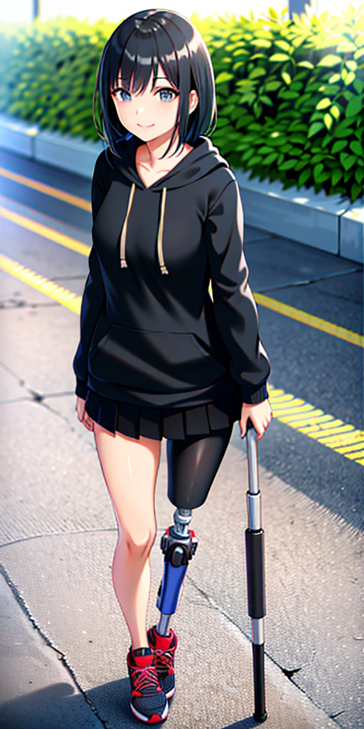 best quality, 1girl, solo, standing, outdoors, medium hair, black hair, straight hair, looking at viewer, medium breasts,  (prosthetic leg:1.2), full body, smiling, (skirt:1.2), two prosthetic legs, sneakers, lycra skirt, oversized_hoddie, black oversized_hoddie. 