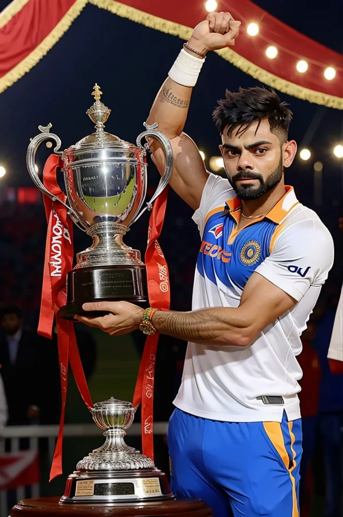 Virat kohli lifting the t-20 trophy 