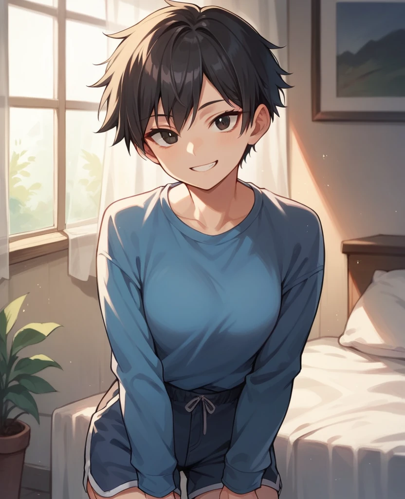 score_9, score_8_up, score_7_up, score_6_up, 1girl, solo, , tomboy, black hair, black eyes, blue shirt, long sleeves, blue shorts, looking at viewer, smile, indoors