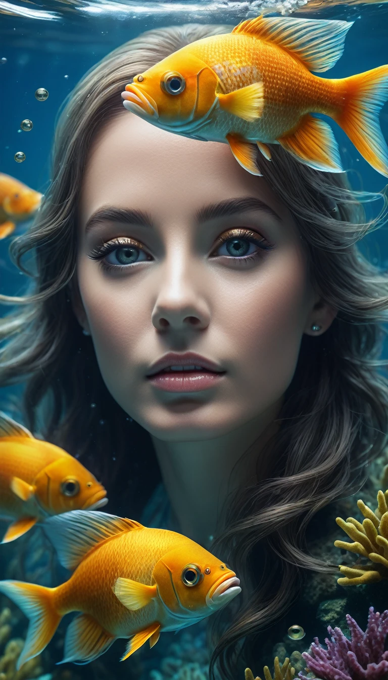 Fish with human face under water(best quality,4K,8K,High level,masterpiece:1.2),Ultra Detailed,(lifelike,Photo real,Photo real:1.37),Highly detailed animals,Complex patterns,Realistic lighting,Fantasy Creatures