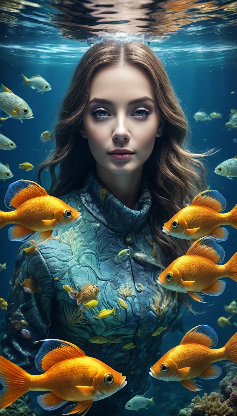 Fish with human face under water(best quality，4K，8K，High level，masterpiece：1.2），Ultra Detailed，（lifelike，Photo real，Photo real：1.37），Highly detailed animals，Complex patterns，Realistic lighting，Fantasy Creatures