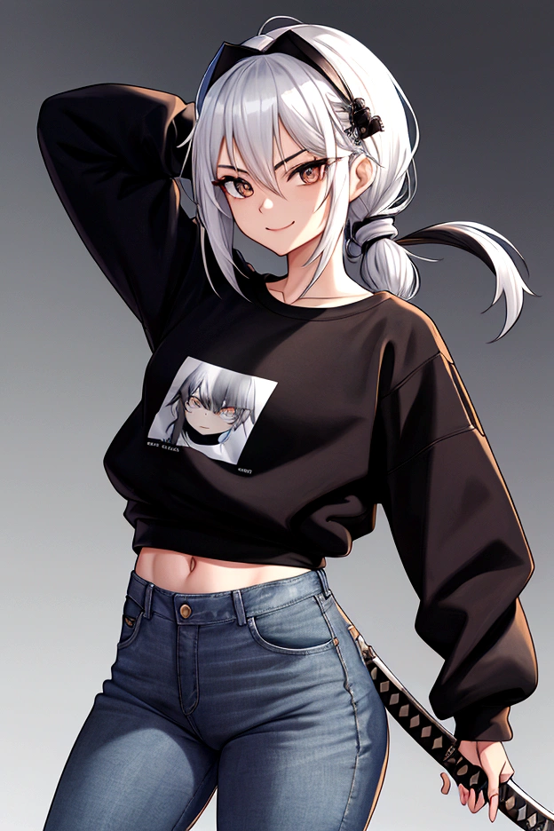 Raise an 18 year old, tied up hair, shorth hair, Bblack hair, silver white eyes, ssmile, wearing sweatshirt, jeans, black sweatshirt, holding a katana, stylish, stance, fine-detailed